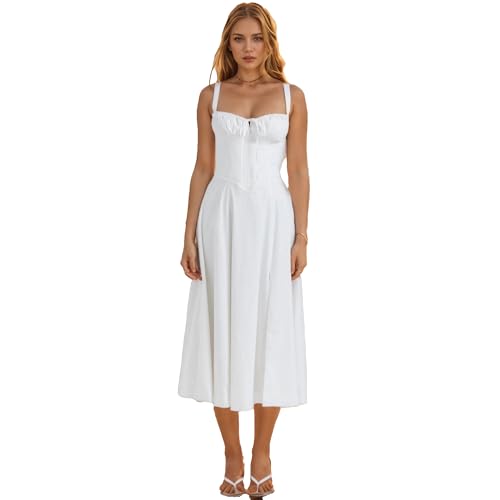 Image of Women Floral Corset Dress 2026 Boho Midi Sundress Summer Dress | Flowy A-Line Dress with Adjustable Spaghetti Straps Lace Up Back Front Slit High Waist for Vacation Wedding Guest