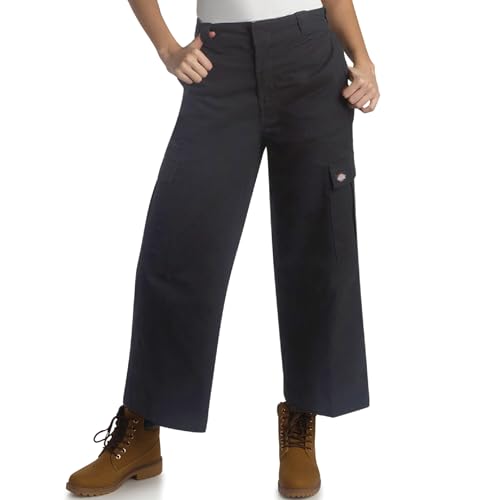 Dickies Womens Wide Leg Cargo Pants Regular Fit High Waisted Casual Pants Size 6 Stonewashed Black