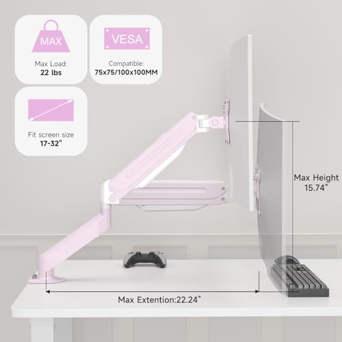 Suptek Monitor Mount Gas Spring Monitor Arm Desk Mount Fully Adjustable Fits 17-32 inch Monitors Weight Capacity up to 22 lbs,Pink(MD8PINK) - Image 3