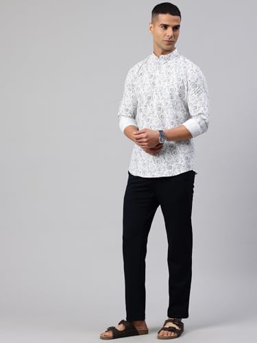 Image of Majestic Man Men's Pure Cotton Printed Mandarin Collar Regular Fit Roll-Up Sleeves Short Kurta