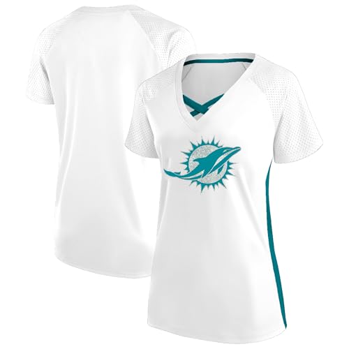 Fanatics Women's White Miami Dolphins Plus Size Glitter Lace-Up V- Neck T-Shirt