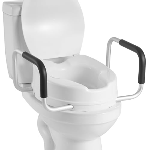 VEVOR Rehausseur de Toilette avec Accoudoirs, Réhausse WC Charge 136,1 kg, Siège de Toilette Surélevé Hauteur de Levage 10,16 cm, Poignées Rembourrées, pour...