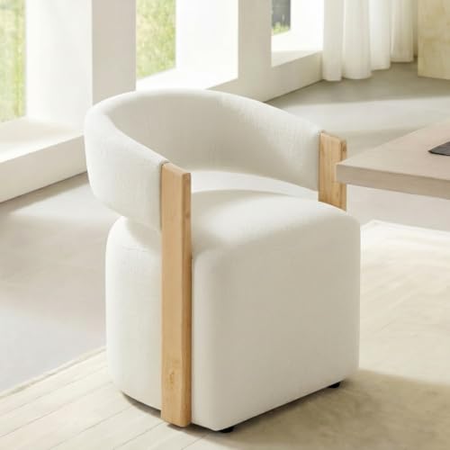Image of KISLOT Upholstered Dining Chairs Set of 1, Modern Wooden Arm Kitchen & Dining Room Chairs with Hidden Casters, Fabric Padded Rolling Chairs, Sturdy Wood Frame, 300 lbs Capacity, Off-White