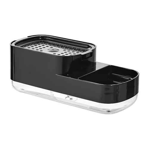 JIANGLAI Dish Soap Pump Dispenser with Sponge Holder and Tray, 3 in 1 Countertop Hand Pump Detergent Soap Dispenser for Kitchen Sink Organizer (Black)