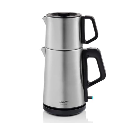 Arzum Teemaschine, Türkische Teekanne mit 1,0L Edelstahl-Kanne & 1,8L Wasserkocher – Schnellbrühfunktion, Warmhaltefunktion, Trockengehschutz, Edelstahl-Teefilter, 360° drehbar