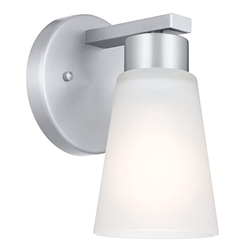 Image of Kichler Stamos Wall Sconce 1-Light with Satin Etched Glass, Modern Bathroom or Hallway Light in Brushed Nickel, (8 inch H x 5 inch W x 6 inch D)
