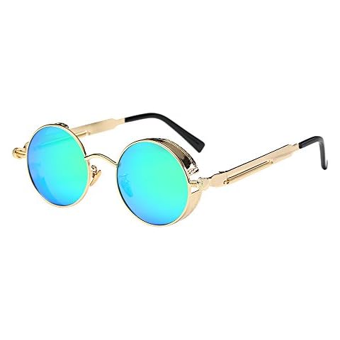BOZEVON Punk Round Sunglasses - Classical Metal Cycling Retro Sunglasses For Women & Men Gold-Mirror Green Cover