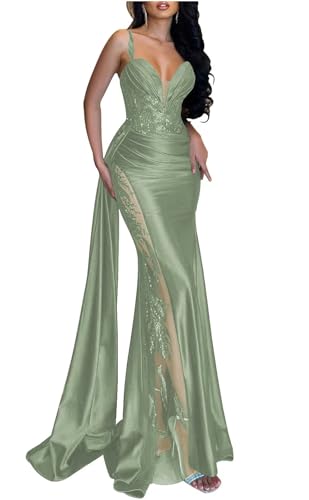 Mermaid Satin Prom Dresses for Women 2025 Spaghetti Straps V-Neck Lace Appliques Formal Evening Party Gown with Slit