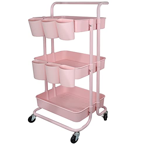 Image of Freletry 3 Tier Utility Rolling Cart Storage Organizer Shelf Rack with 6PCS Hanging Cups for Home Office Kitchen Bathroom Storage (Pink)