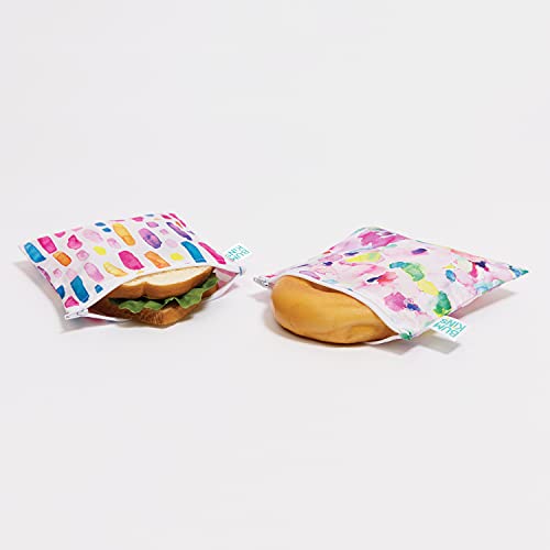 Bumkins Sandwich Bag / Snack Bag, Reusable, Washable, Food Safe, BPA Free, 7x7, 2-Pack, Watercolor & Brushstrokes
