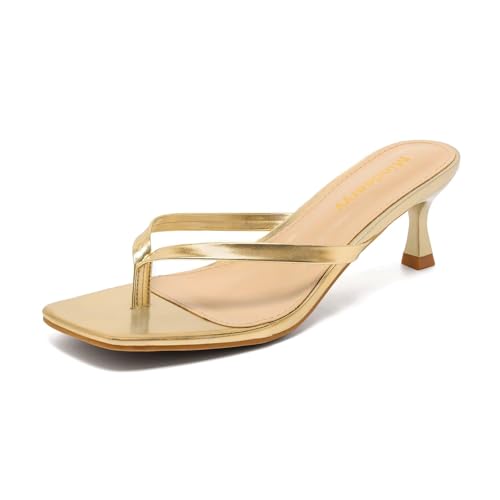 Mindeeryy Thong Sandals Kitten Heels Square Toe Flip Flops Slip On Heels for Women Kitten Heel Sandals Low Heel 2.4 Inch for Casual Gold 8
