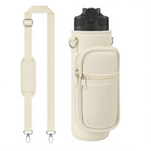 Image of Water Bottle Holder with Strap, Insulated Crossbody Sling Bag, Carrier with Phone Pocket for Walking Hiking Camping Fishing, Beige 01, 32oz Long, Sporty
