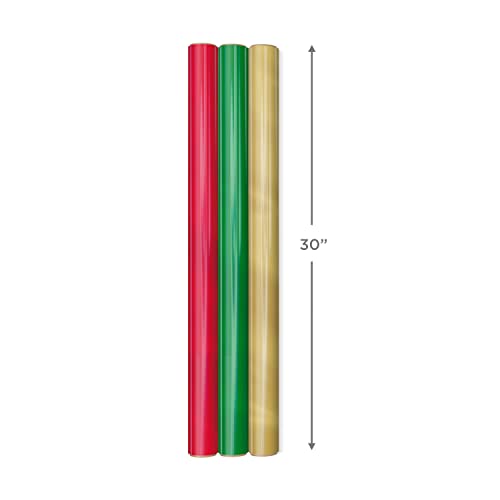 Hallmark Christmas Wrapping Paper Rolls - Solid Red, Green, Gold Metallic Foil Gift Wrap Paper (Set of 3 Rolls: 60 sq. ft. ttl.) for Holiday Parties, Hanukkah, Winter Weddings