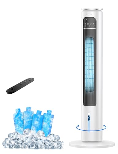 Windowless Portable Air Conditioners, 37’’ Evaporative Air Cooler w/Remote, Cooling Tower Fan, 2.5L Water Tank & Ice Packs, 12H Auto-off, 70° Oscillating, Ultra-Quiet Standing Fan For HomeOffice,White