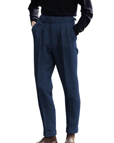 Image of Men's Herringbone Tweed Dress Pants Regular Fit Vintage Wool Trousers