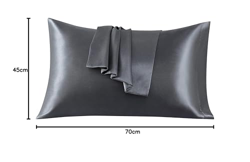 Funda de Almohada Satén 45 x 70 cm, Paquete de 2 Fundas de Almohadas Saten Pelo Rizado Súper Suaves, Fundas con Cierre de sobre, Protege Cabello y Piel, Gris Oscuro