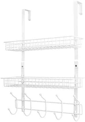 UOMIO Over The Door Storage Rack with Basket and Hooks Heavy Duty Steel Coat Rack Basket Holder White Metal Over Door Racks Towel Hooks with 5 Hooks & 2 Tier Baskets for Bathroom, Bedroom, Office