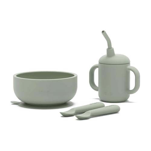 Image of Lalo First Bites Silicone Baby Feeding Set - Baby Led Weaning Supplies - Non-Toxic Silicone - Includes 2 Spoons, Training Cup, & Suction Bowl - 4 Pieces - Sage