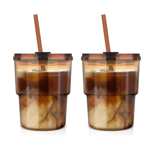 Luxfuel 13 oz Tumbler Water Glass Cups with Straw & Lid, Reusable Iced Coffee, Tea Cups, Leak-Proof Thick Wall Travel Glass Tumbler for Home, Office, Car Cup Holder Friendly, BPA Free (Amber