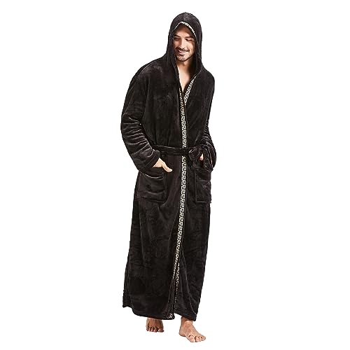 Image of FashGudim Mens Robes Big and Tall with Hood Two-Tone Flannel Fleece Contrast Bathrobe Full Length Plush Long Robe House Coat