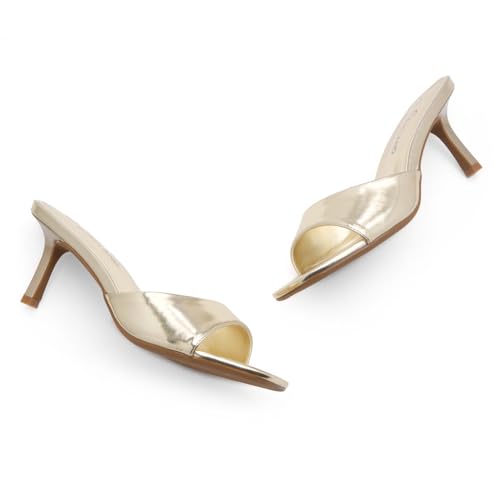 Image of Shoe Land Women's Low Heels Stiletto Heeled Slides, Open Toe One Band Slip-On Heeled Mules - Dressy Heeled Sandals for Prom, Party Wedding and Vacation