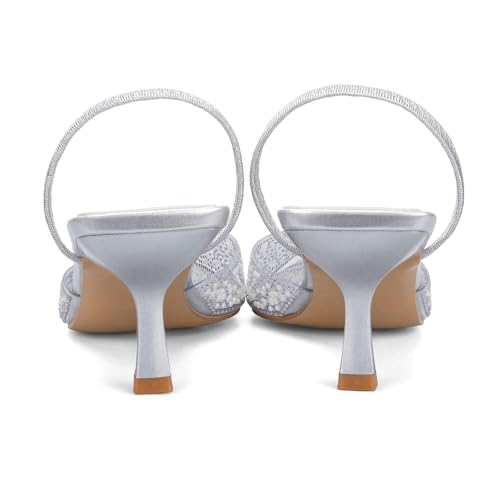 Image of YIYA Women's Clear Slingback Heels with Pearl Studded Pointed Toe Kitten Mid Heels Sparkly Rhinestone Slip On Wedding Party Shoes