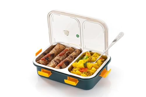 Image of Storescent Lunch Box with Compartment, Leak-Proof BPA Free Stainless Steel for School, Lunch Box for School & Office with a Fork, a Spoon and a Pair of Chopsticks (Green, 2 Compartment)