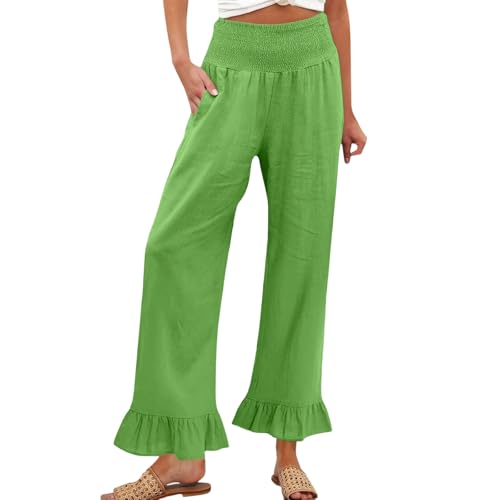 Image of Palazzo Pants for Women Linen Smocked Elastic Waist Ruffle Wide Leg Pants Summer Beach Flowy Boho Pant with Pockets