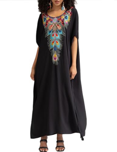 Bsubseach Long Maillot De Bain Coverup Pour Femme Turque Plage Robes Kaftan Plumes De Paon Broderie Caftan Cover Up