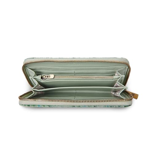 Image of Islander HarrisTweed & PU Leather women's long zip purse, Carry Cash & card, Scottish Style, Mint Tartan