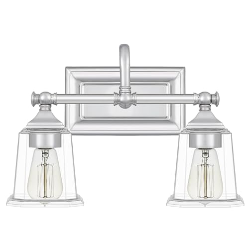 Image of Quoizel Nicholas 15 inch Vanity Light, Polished Chrome, Clear Glass | 2-Light, Dimmable, Reversible Mounting, ETL Damp Rated