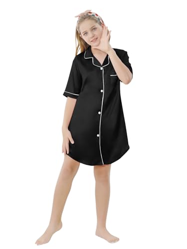 Image of Schbbbta Girls & Women Silk Nightgown, Short Sleeve Button Down Satin Nightshirt Pajama House Dress, 3 Years- Women 2XL