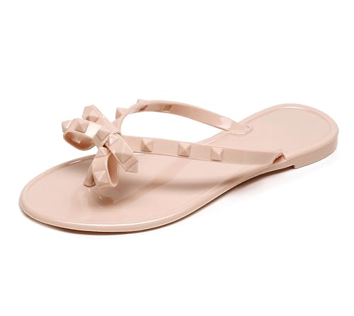 Image of Studded Jelly Shoes for Womens Bow Flip Flops Jellies Sandals Flat Black Summer Beach Thong with Rivets Strappy Slides Slip On