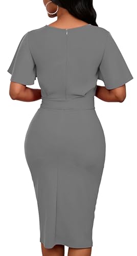 Yajedo Women'S Bodycon Midi Dresses Crewneck Ruffle Sleeve Empire Waist Wear To Work Business Cocktail Party Pencil Dress With Belt Grey thumb #6