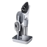 Violiica Juego de cepillos de limpieza de cocina 4 en 1 con dispensador de jabón, mango largo para lavar platos, ollas, azulejos, fregaderos, bañeras, para acero inoxidable y esponja, azul/gris/claro