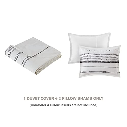 Image of INK+IVY Nea 100% Cotton Duvet Set Mid Century Modern Design, All Season Comforter Cover Bedding Set, Matching Shams, Full /Queen, Stripes Teasel White 3 Piece