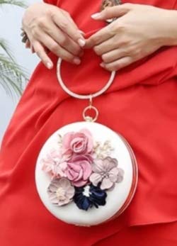 Image of TOOBA Handicraft Women's Round Shape Clutch Bag Purse | Floral Bag, Bridal Purse & Party Handbag Design with Ring Handle - Wedding & Special Occasion Clutch