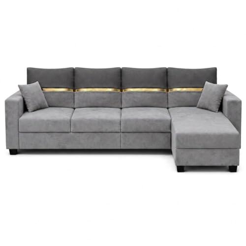 Image of Furny Arvea 5 Seater Fabric RHS L Shape Sofa Set (Light Grey-Dark Grey) | Soft Velvet Fabric | Modern Design | Comfortable Seating | Living Room Furniture