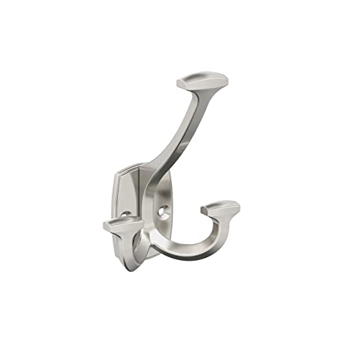 Image of Amerock Vicinity Triple Prong Satin Nickel Wall-Mounted Hook | Decorative wall hook in durable zinc construction for coats, hats, bags, towels, and everyday organization
