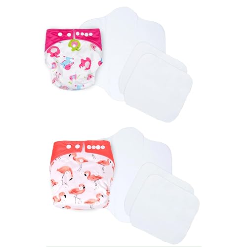 Image of Ambaby Cloth Diapers Combo Pack Quick Dry Comfort Gots Certified Free Size Button Adjustable, Washable, Reusable, Multilayered Cotton Pads And Boosters, Animals Pink And Birds Printed - Pack Of 2
