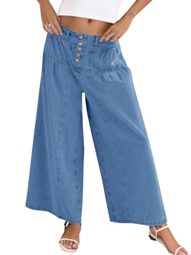 Cicy Bell Womens Wide Leg Jeans Baggy Elastic Waist Button Boyfriend Casual Loose Denim Pants with Pockets