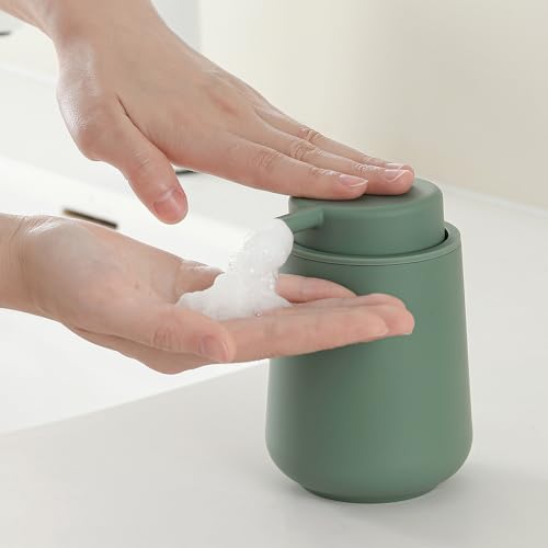 Image of YAUKPH Sage Green Foaming Hand Soap Dispenser Plastic 11 oz - Modern Minimalist Style for Bathroom & Kitchen Countertop Refillable