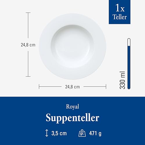 Villeroy & Boch – Royal Suppenteller Weiß, Spülmaschinenfest, Mikrowellensicher, Teller, Geschirr, Porzellan, Essteller, Keramik, Premium Bone Porcelain