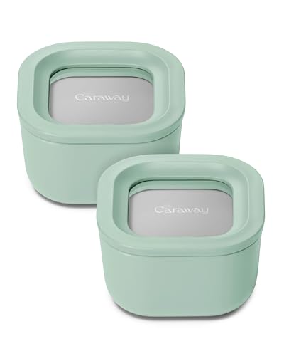 Caraway 2pc Glass Food Storage Set - 1.75 Cup Food Containers (2) - Non-Toxic Ceramic-Coated Glass - Air Release Technology - Compact & Stackable Design - Mist