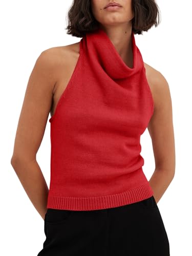 Image of Langwyqu Womens Turtleneck Sweater Vests Sleeveless Knit Halter Tank Tops Sexy Loose Cami Shirts