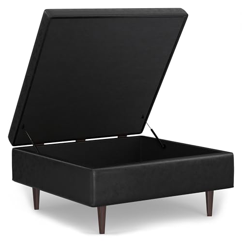SIMPLIHOME Shay 38 inch Wide Mid Century Modern Large Square Coffee Table Storage Ottoman in Distressed Black Vegan Faux Leather, Assembled, for The Living Room and Entryway