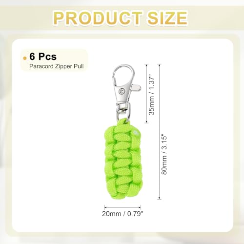 Image of YELARXI Paracord Zipper Pull Polyester Zipper Pulls Replacement Woven Rope with Metal Clasp, 80 mm Length Fit for Backpacks Clothing Luggage Accessories - Cylinder (6 Pack, Light Green)