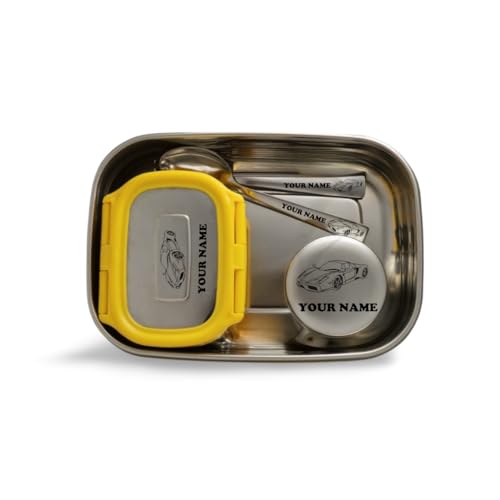 Image of ncgifts Personalized Tiffin | Customized Lunch Box | Personalized Stainless Steel Tiffin Box | Your Child's Name and Favourite Character Engraved | for Scholl Students (Yellow)