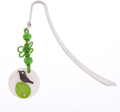 Mother of Pearl Carved White Moon Green Leaf Brown Bird Dangle Macrame Knot Tassel Metal Charm Hook Bookmark Page Marker