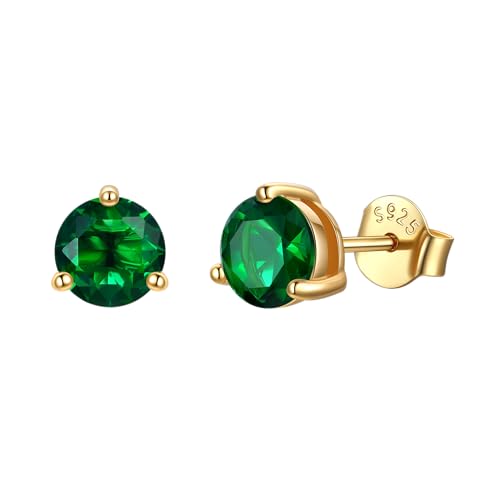 JustBeingCute Ohrringe Gold 585 Vergoldet 5A+ Zirkonia Ohrstecker Silber 925 Damen Geburtsstein Hypoallergen Schmuck Geschenk für Frauen 4mm Emerald